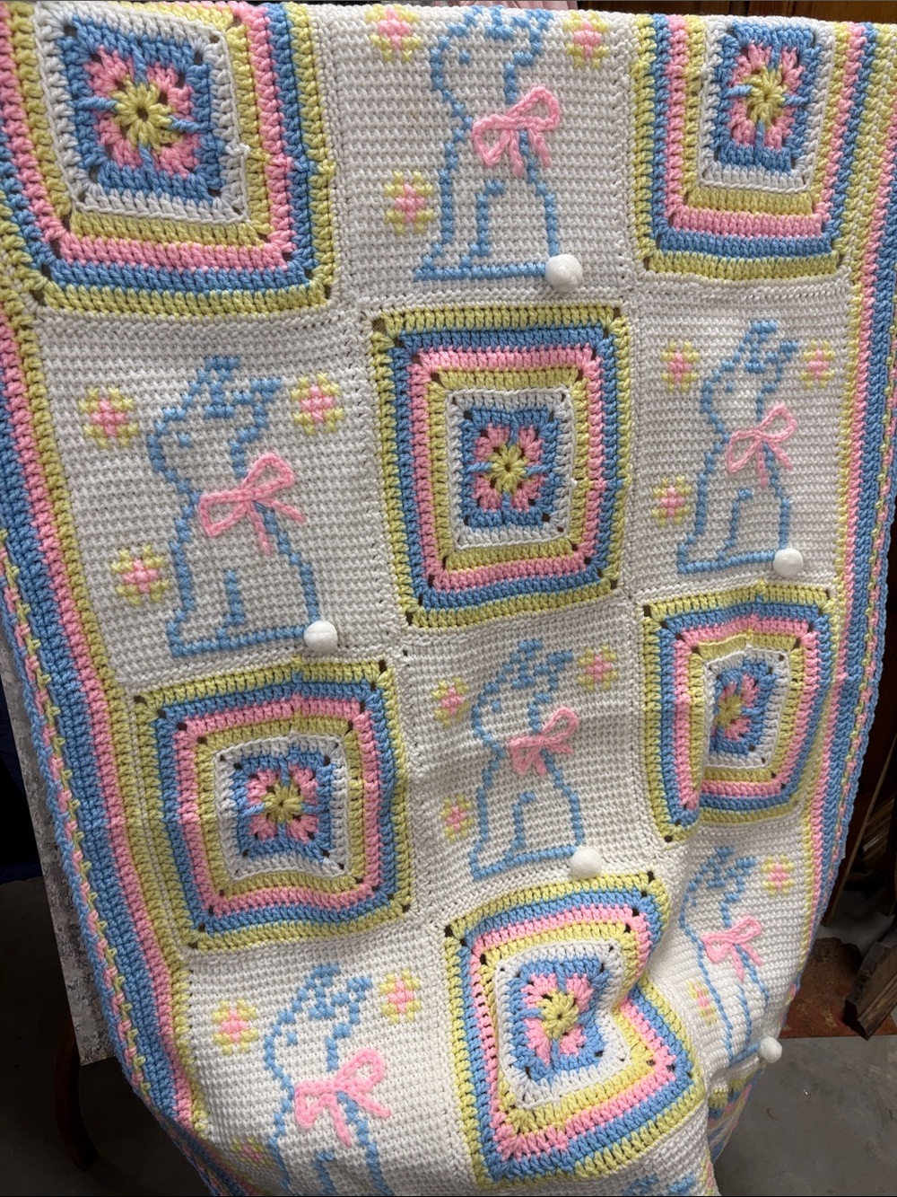 Handmade Baby Blanket Bunny Crochet in White, Blue, Pink, and Yellow